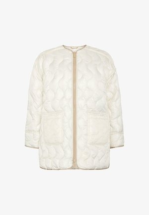 Lightweight, cream-colored quilted jacket with a zip front, round neckline, and two front pockets. Features a smooth, padded texture and accent stitching.