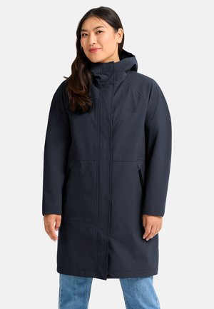 Marineblauer wasserdichter Mantel mit Kapuze, ausgestattet mit einem Frontreißverschluss und Seitentaschen. Verfügt über eine glatte Textur und eine lockere Passform.