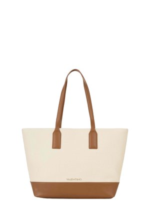 Sac cabas Valentino crème et beige avec poignées et base en cuir, arborant le logo Valentino au centre avant.