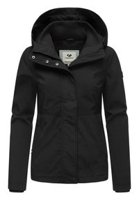 Veste noire avec fermeture éclair à l'avant, capuche, texture côtelée et poches. Comprend des éléments en métal argenté au niveau du col et des détails sur les manches.
