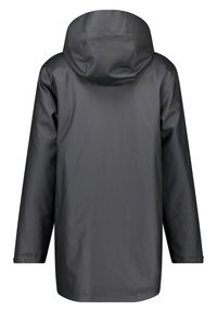 Giacca antipioggia nera impermeabile con cappuccio, maniche lunghe e bottoni a pressione ai polsini. Texture liscia con un design minimalista.