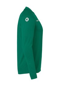 Grøn langærmet skjorte lavet af letvægtsstof. Rund halsudskæring med et logo på skulderen. Slank, tætsiddende design. Blød tekstur.