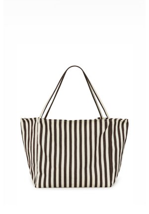 Sac cabas à rayures verticales marron et blanc avec deux longues anses, en tissu, présenté sur un fond blanc.