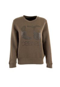 Felpa verde oliva con colletto rotondo, maniche lunghe e un design del logo glitterato sul davanti. Realizzata in morbido tessuto, presenta polsini e orlo a coste.