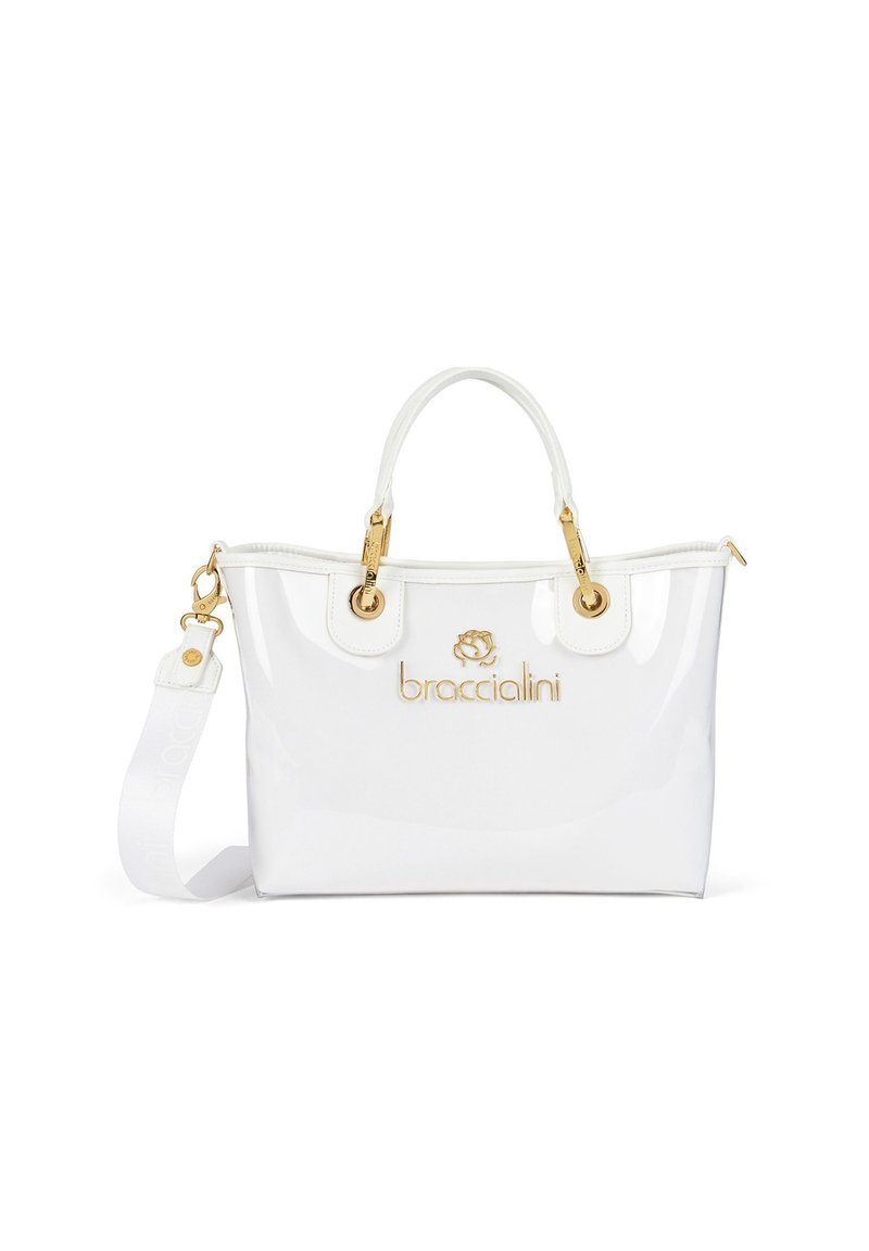 Weißer Handtasche aus Lackleder mit goldenen Beschlägen, doppelten Griffen und einem verstellbaren Riemen. Mit einem Logo, das auf der Vorderseite eingeprägt ist.