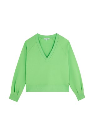 Suéter verde con cuello en V, mangas raglán y puños acanalados. Está hecho de una tela suave de color sólido y diseño recortado.