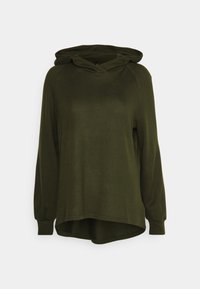 Oliwkowy, rozpinany sweter z kapturem o luźnym kroju, długimi rękawami raglanowymi i zakrzywionym dołem. Miękka tekstura, gładki design, bez widocznych wzorów.