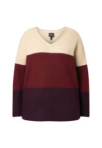 V-Ausschnitt Strickpullover mit breiten horizontalen Streifen in Beige, Burgunderrot und Dunkelpurpur, der ein zentrales Zopfmuster aufweist.