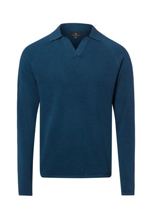 Dunkelblauer Strickpullover mit langen Ärmeln, Kragen und V-Ausschnitt, aus strukturiertem Stoff, auf weißem Hintergrund dargestellt.