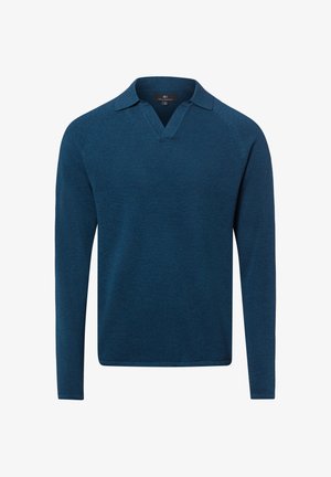 Granatowy sweter z dzianiny z długim rękawem, kołnierzem i dekoltem w serek, wykonany z tkaniny o fakturze, prezentowany na białym tle.