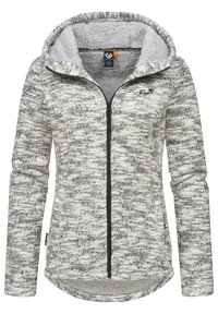 Fleeceová zateplená bunda, šedý a bílý melírovaný vzor, měkký vnitřní materiál, s kapucí, přední zip, dlouhé rukávy s manžetami.