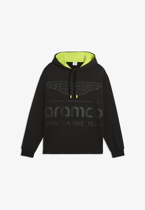 Sudadera con capucha negra con forro interior amarillo neón, con el logo de las alas de Aston Martin y el texto "aramco FORMULA ONE TEAM" en el frente.