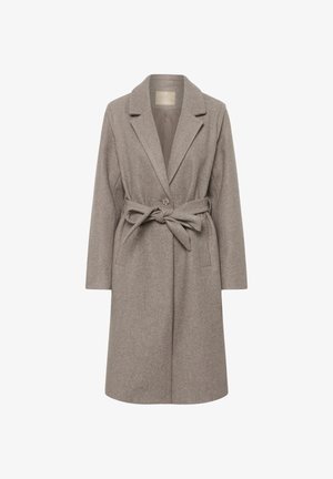 Cappotto lungo, con cintura, in misto lana grigio heather. Presenta un colletto a scollatura, chiusura con bottoni e tasche laterali. Silhouette semplice e dritta.