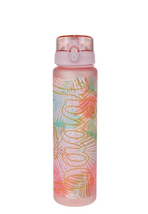 Rosa wiederverwendbare Wasserflasche mit Klappdeckel, dekoriert mit mehrfarbigen tropischen Blattmustern und goldenem Kursivtext.