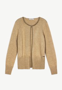 Cardigan beige en maille à manches longues avec poignets et ourlet côtelés, un col rond avec détail chaîne, et un devant ouvert avec une seule fermeture par agrafe.