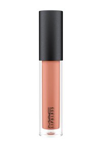 Tube transparent de Lipglass de MAC avec un capuchon noir mat. Le liquide à l'intérieur est d'une douce couleur pêche, avec une texture lisse et une finition brillante.