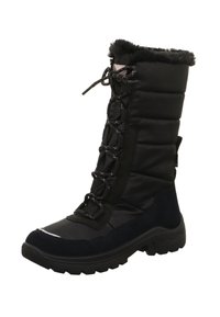 Černá zimní obuv s izolací, s prošívaným nylonovým svrškem, šněrováním vpředu, umělou kožešinou na okraji a odolnou gumovou podrážkou s texturovaným vzorkem.