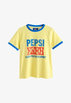 Yellow cotton t-shirt with a blue crew neck and sleeves. Features a printed graphic with "PEPSI SODA CLUB" and "CATCH THE PEPSI SPIRIT."