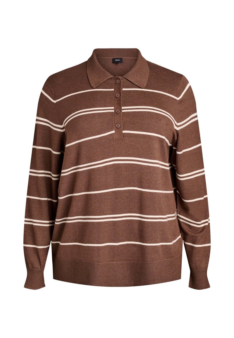 Bruine longsleeve polo met witte horizontale strepen, voorzien van een gekraagde halslijn en een drieknopscontrasterende sluiting; zachte gebreide textuur.