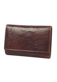 Brown leather wallet with a textured surface, featuring a flap closure and embossed logo. Compact rectangular shape, simple and functional design.
