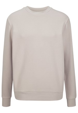 Light beige textured long-sleeve crewneck sweater with ribbed cuffs and hem, shown on a plain white background.