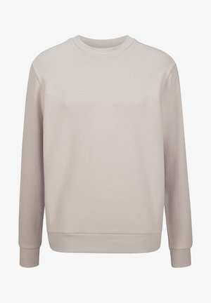 Hellbeiger, strukturierter Pullover mit langen Ärmeln und Rundhalsausschnitt, mit gerippten Bündchen und Saum, gezeigt vor einem schlichten weißen Hintergrund.