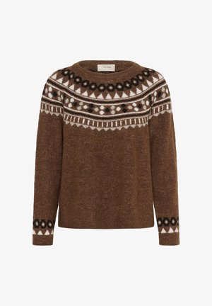 Brązowy sweter z dzianiny z białymi i czarnymi geometrycznymi wzorami wokół dekoltu i mankietów, okrągły dekolt i długie rękawy.