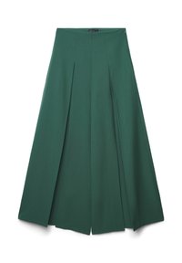 Culotte plissettati verdi realizzati in un tessuto morbido. Presentano una vita alta e una forma a A, offrendo una silhouette ampia e fluida.