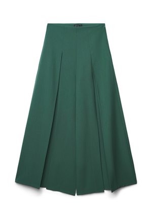 Culotte plissettati verdi realizzati in un tessuto morbido. Presentano una vita alta e una forma a A, offrendo una silhouette ampia e fluida.