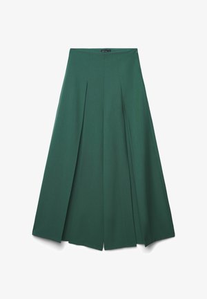 Culotte plissettati verdi realizzati in un tessuto morbido. Presentano una vita alta e una forma a A, offrendo una silhouette ampia e fluida.