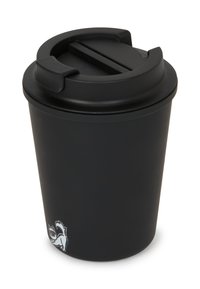 Czarny wielorazowy kubek z plastiku, z bezpieczną, przesuwaną pokrywką i białą grafiką szopa na dolnej krawędzi. Gładka tekstura.