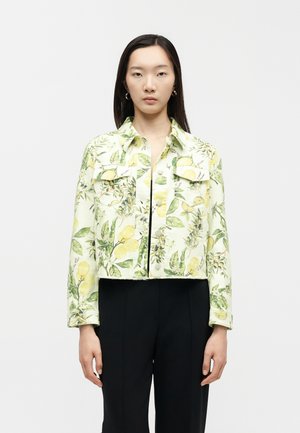 Woman wearing a cropped light green jacket with yellow lemon and leaf print, paired with high-waisted black pants, standing against white background.