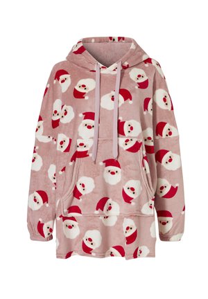 Fleece hoodie in lichtroze met een herhaald patroon van Santa-gezichtjes met rode hoedjes. Inclusief kangoeroezak en koordjes.