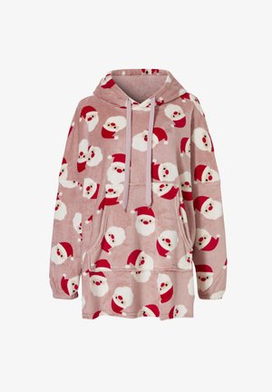 Fleece hoodie in lichtroze met een herhaald patroon van Santa-gezichtjes met rode hoedjes. Inclusief kangoeroezak en koordjes.