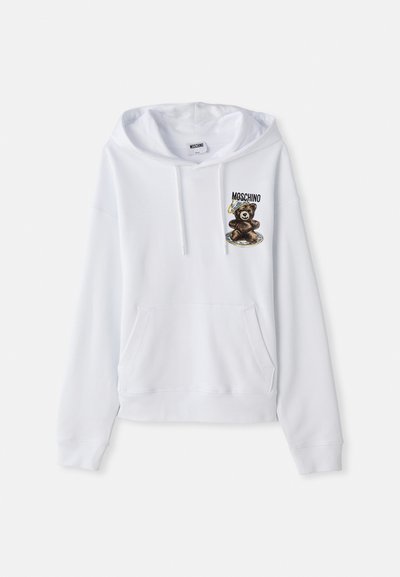 White hoodie featuring a front pocket, drawstring hood, and a bear graphic with text. Made from soft fabric, it has ribbed cuffs and hem.