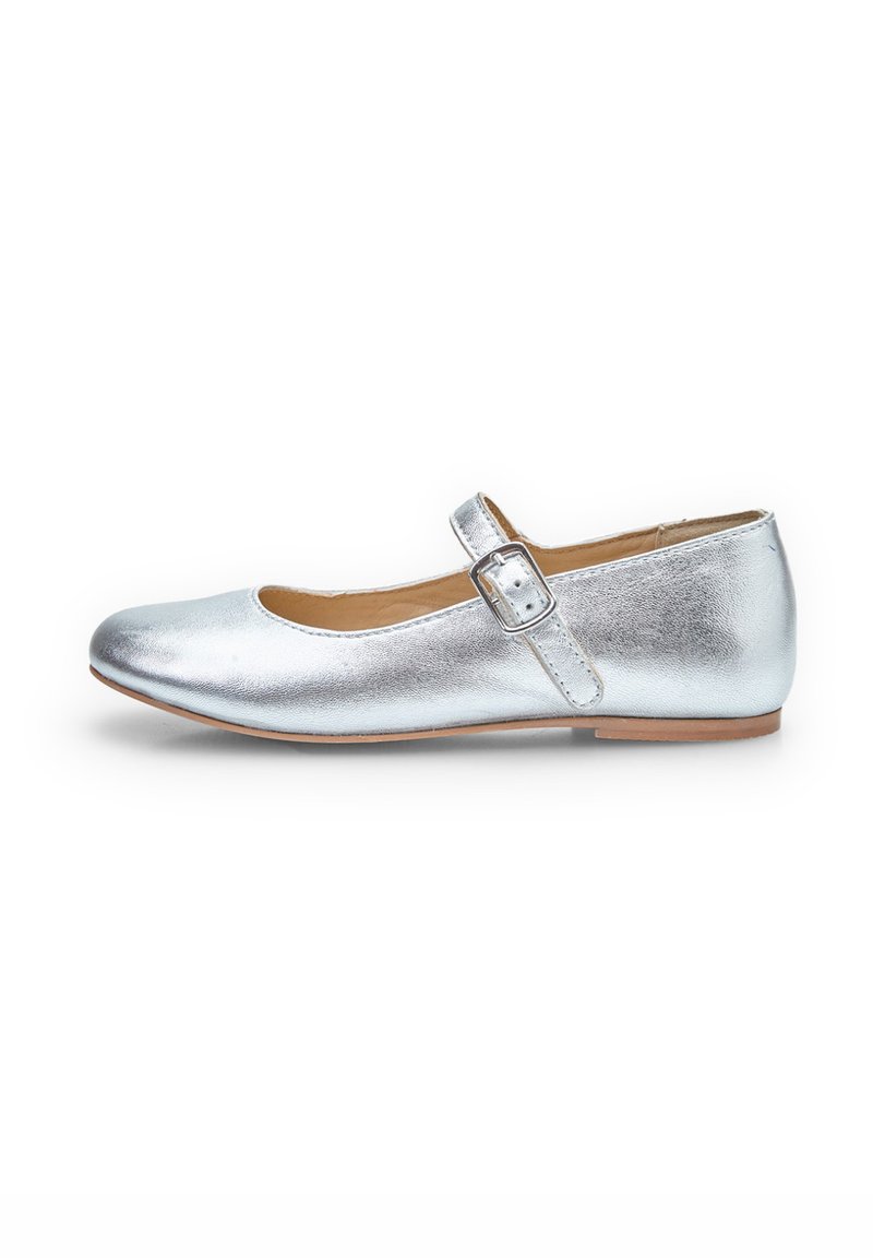 Silver metallic ballet flat with a rounded toe, a single adjustable buckle strap, and a smooth leather texture. Flat heel design.