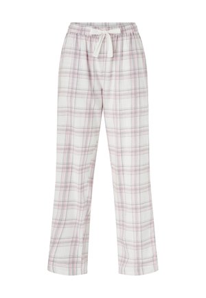 Gestreepte pyjamabroek in wit met roze en grijze lijnen. Voorzien van een elastische tailleband met trekkoord. Gemaakt van zachte, lichte stof.
