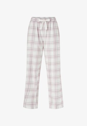 Pantalones de pijama de cuadros en blanco con líneas rosas y grises. Cuentan con una cintura elástica con cordón. Fabricados con tela suave y ligera.