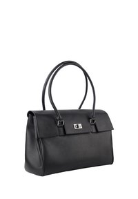 Borsa a tracolla in pelle nera con superficie texture, forma strutturata, pattina rigida superiore, doppio manico e rifiniture in argento sulla parte anteriore.