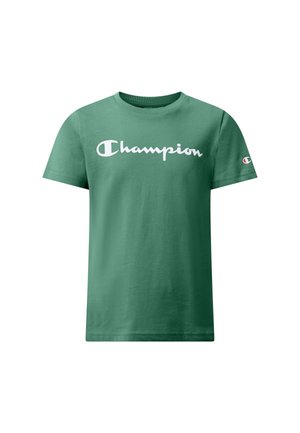 T-shirt verde in cotone con classico collo rotondo e maniche corte. Presenta il logo "Champion" bianco sul davanti e il logo sulla manica.