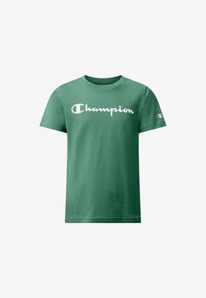 T-shirt verde in cotone con classico collo rotondo e maniche corte. Presenta il logo "Champion" bianco sul davanti e il logo sulla manica.