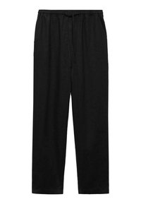 Pantalon noir à coupe ample avec taille élastique et cordon à l'avant, jambes droites, sans motifs ni poches visibles.