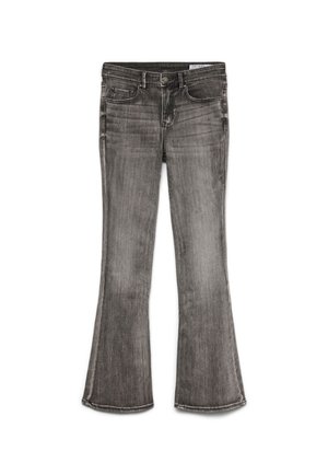 Ausgestellte Jeans aus verblasstem schwarzem Denim mit leichtem Glanz. Verfügt über fünf Taschen und Kontrastnähte entlang der Kanten.