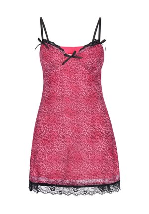 Rosa leopardprintet slipkjole med sort blonderkant ved kanten, sort blonde langs halsudskæringen og tynde sorte justerbare skulderstropper med sløjfedetaljer.