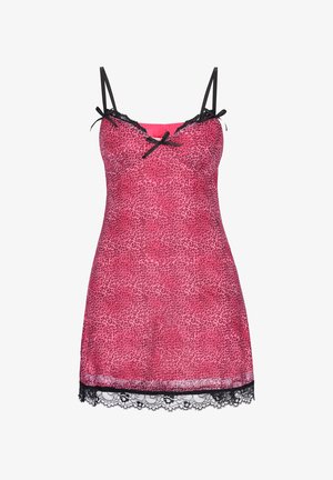 Rosa leopardprintet slipkjole med sort blonderkant ved kanten, sort blonde langs halsudskæringen og tynde sorte justerbare skulderstropper med sløjfedetaljer.