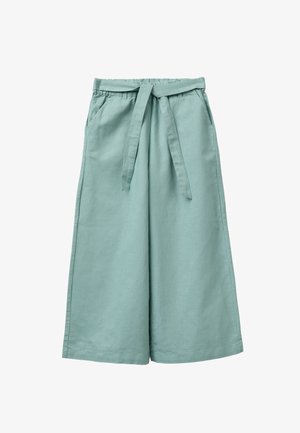 Spodnie z wysokim stanem, szerokimi nogawkami i skrócone, w jasnym morskim kolorze, z paskiem i bocznymi kieszeniami, wykonane z lekkiego materiału.