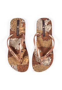 Brown flip-flops with leopard print design, featuring gold straps and a textured surface. Includes brand text on the insole.