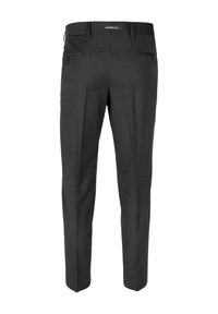 Grau maßgeschneiderte Hose mit glatter Textur, ausgestattet mit zwei Gesäßtaschen, Gürtelschlaufen und einem geraden Bein.
