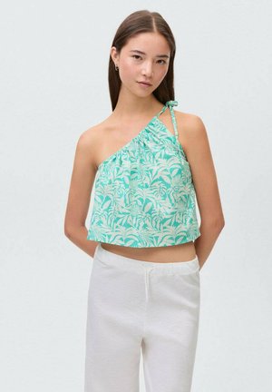 Grøn- og hvidmønstret crop top med et asymmetrisk design, der har en enkelt skulderrem og rynket detalje ved halsudskæringen.