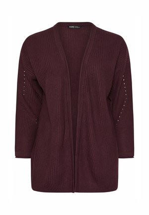 Bordeaux open-front cardigan gemaakt van gestructureerde brei-stof. Kenmerkt zich door driekwart mouwen en decoratieve oogjes details op de schouders.